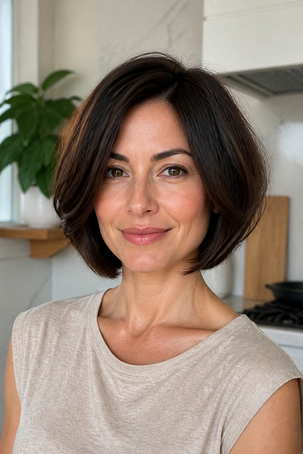 Close-up of a real woman with a rounded bob and internal layers
