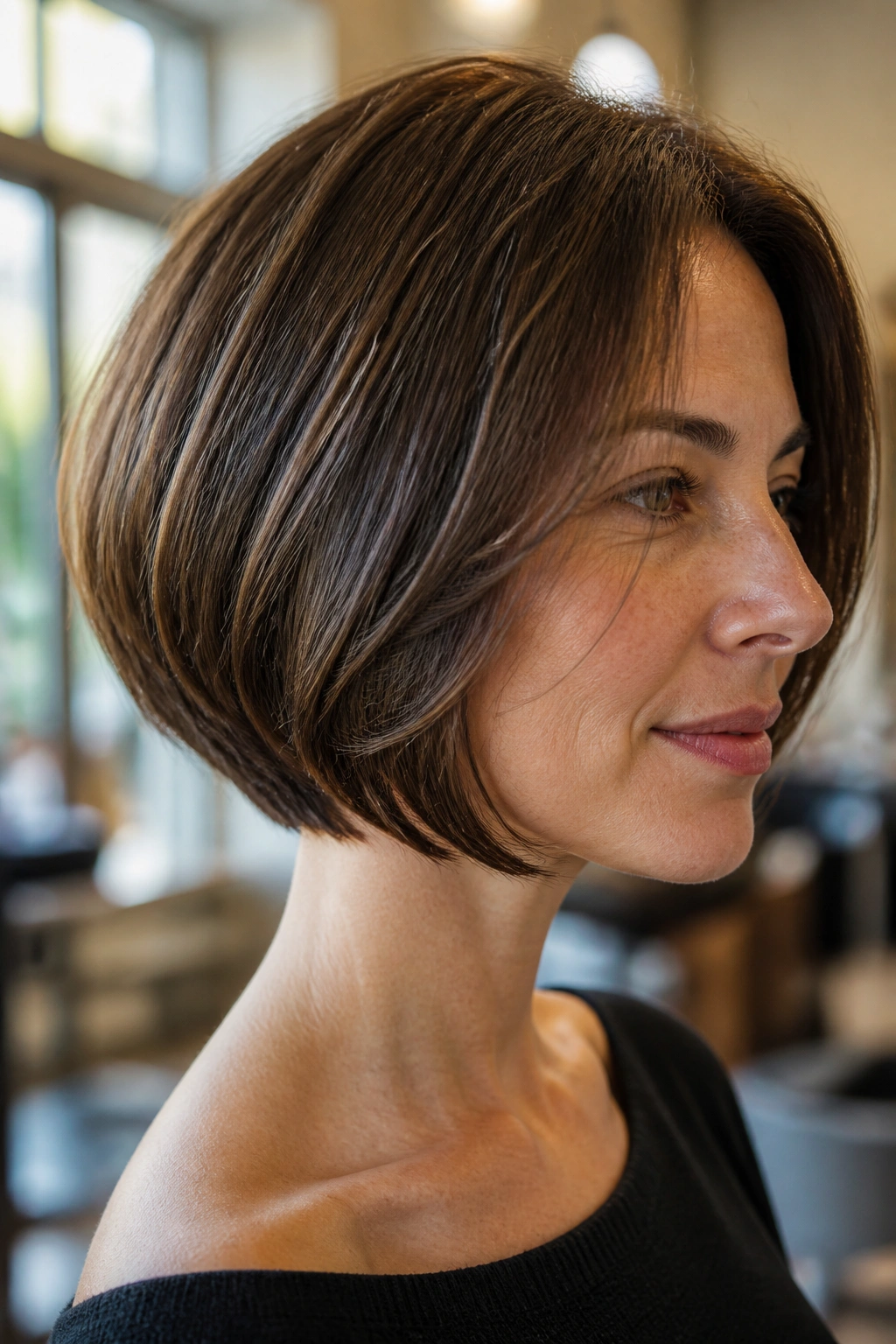 Close-up portrait of a real woman with a rounded Italian bob showing internal weight at the back