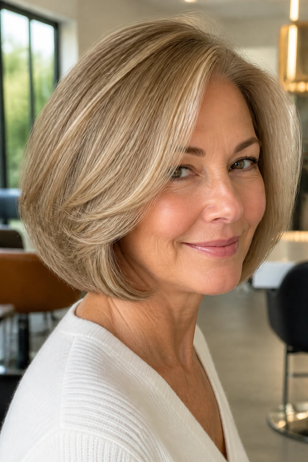 Portrait of a real woman with rounded bob and inward layers framing the chin in soft light