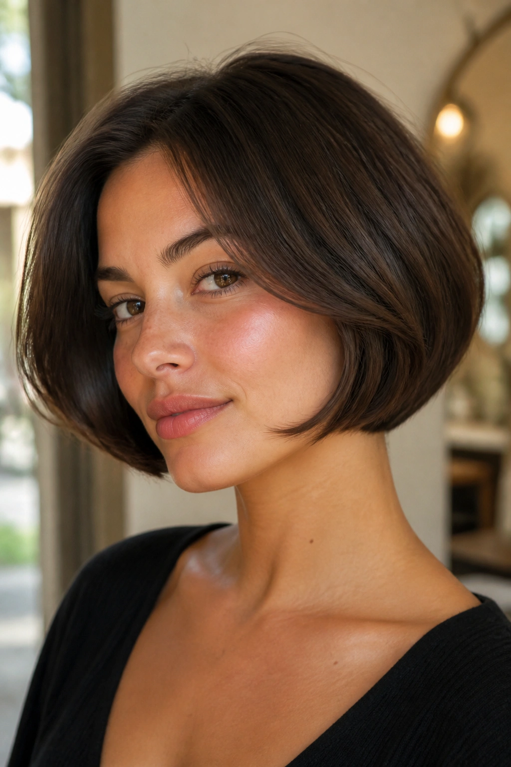 Close-up portrait of a real woman with a rounded bob hugging the jaw