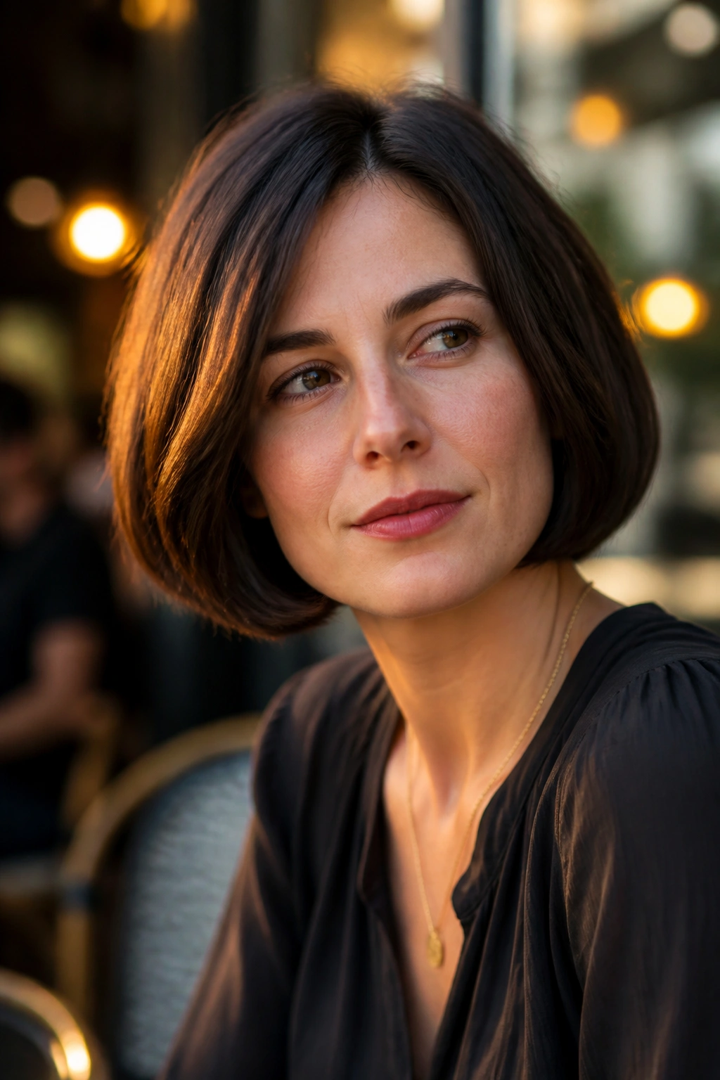 Close-up of a woman with a rounded bob outdoors at golden hour.