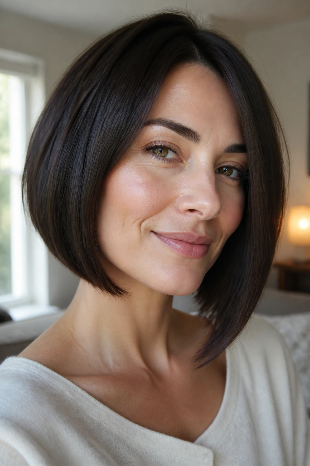 Close-up of a real woman with a rounded bob that elongates the jaw
