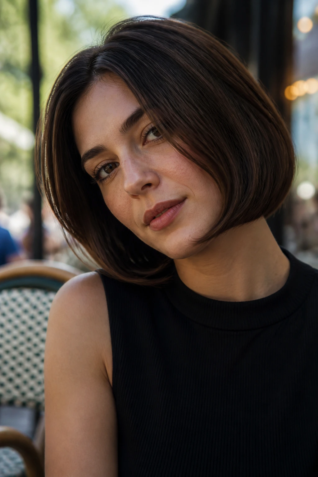 Close-up portrait of a real person with rounded jawline bob curving inward