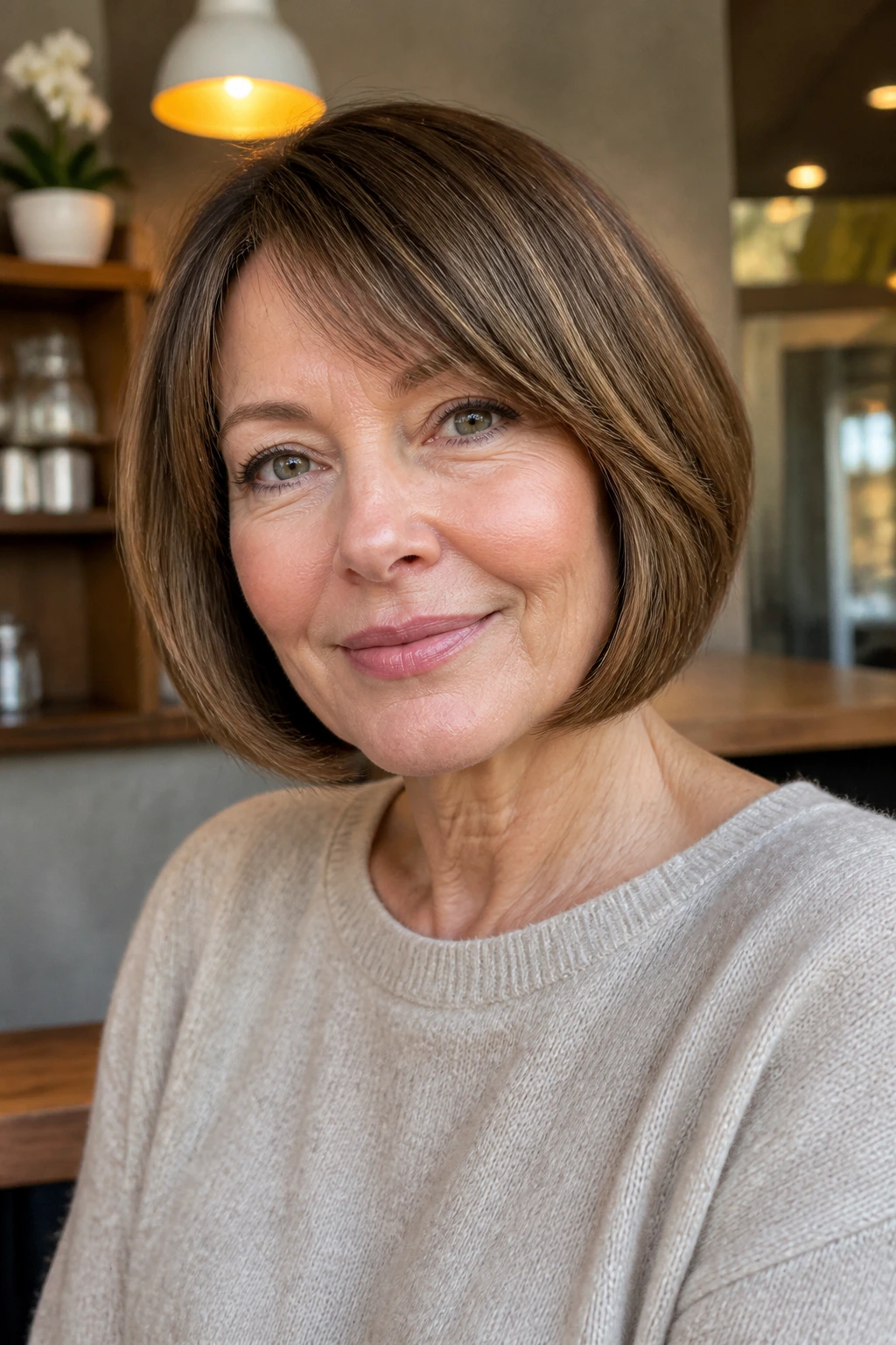 Close-up portrait of a real woman with a rounded bob hugging the jaw.