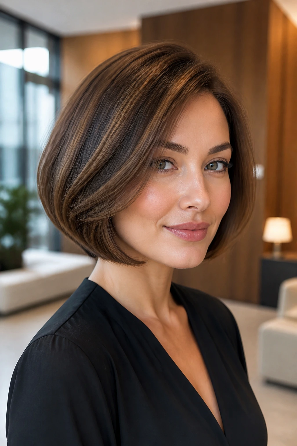 Close-up of a woman with a rounded bob and soft jawline curve in a warmly lit, professional setting.