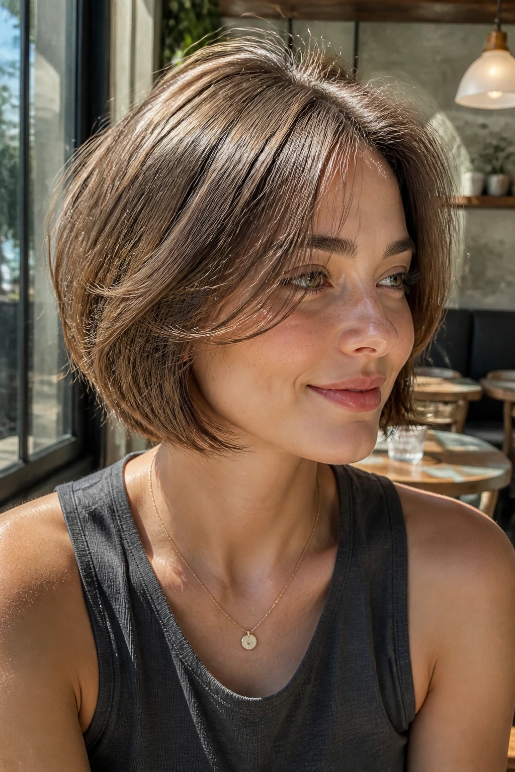 Close-up of a real person with a rounded bob and internal layers