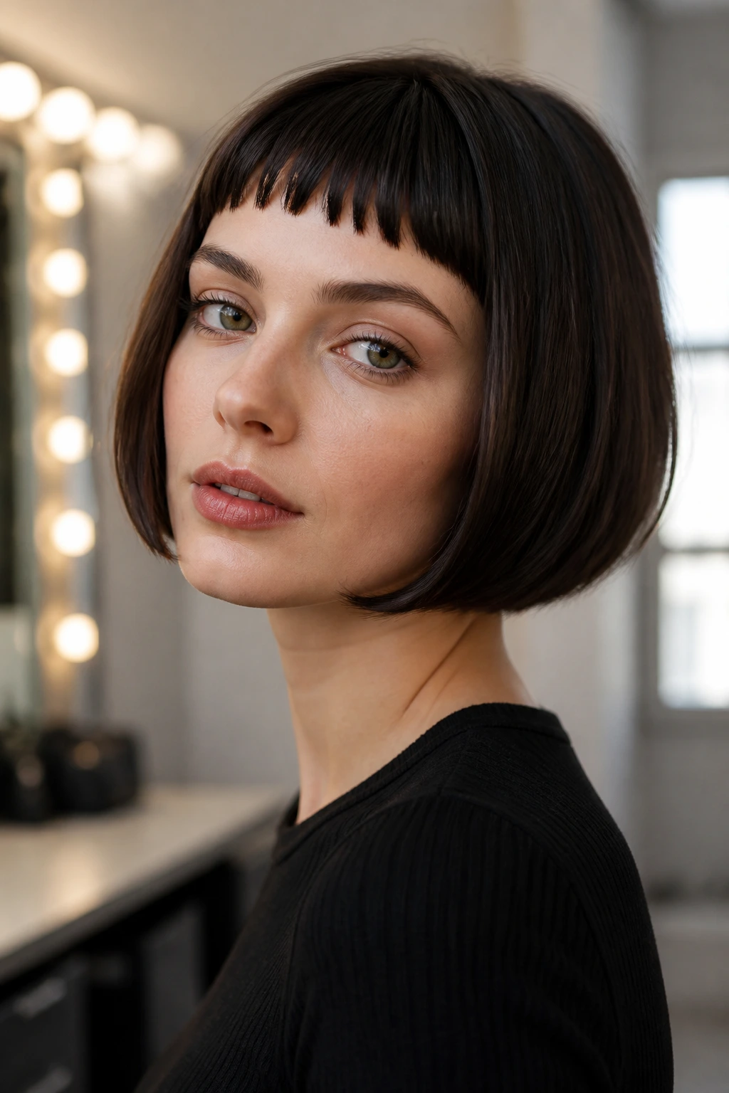 Close-up portrait of a real woman with a rounded chin bob and micro bangs