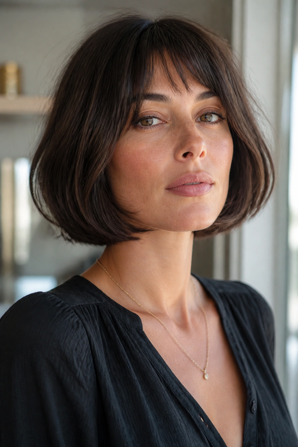 Real woman with rounded French bob to add width to narrow face