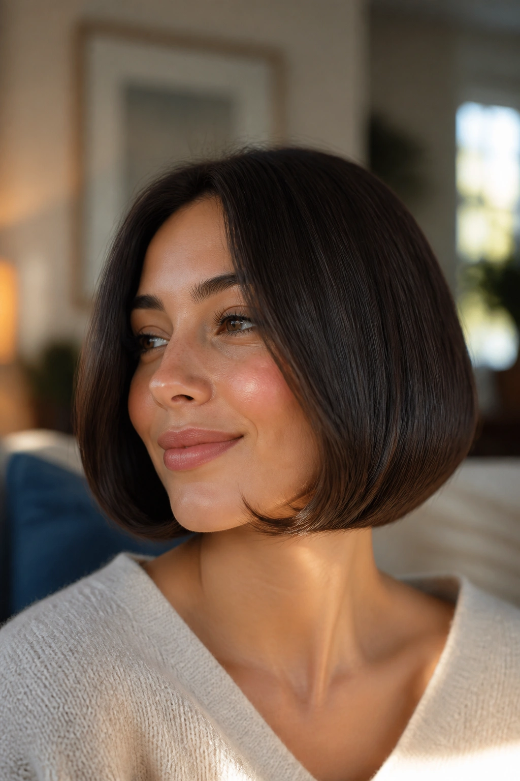 Portrait of a real person with a rounded bob curving under, polished finish.