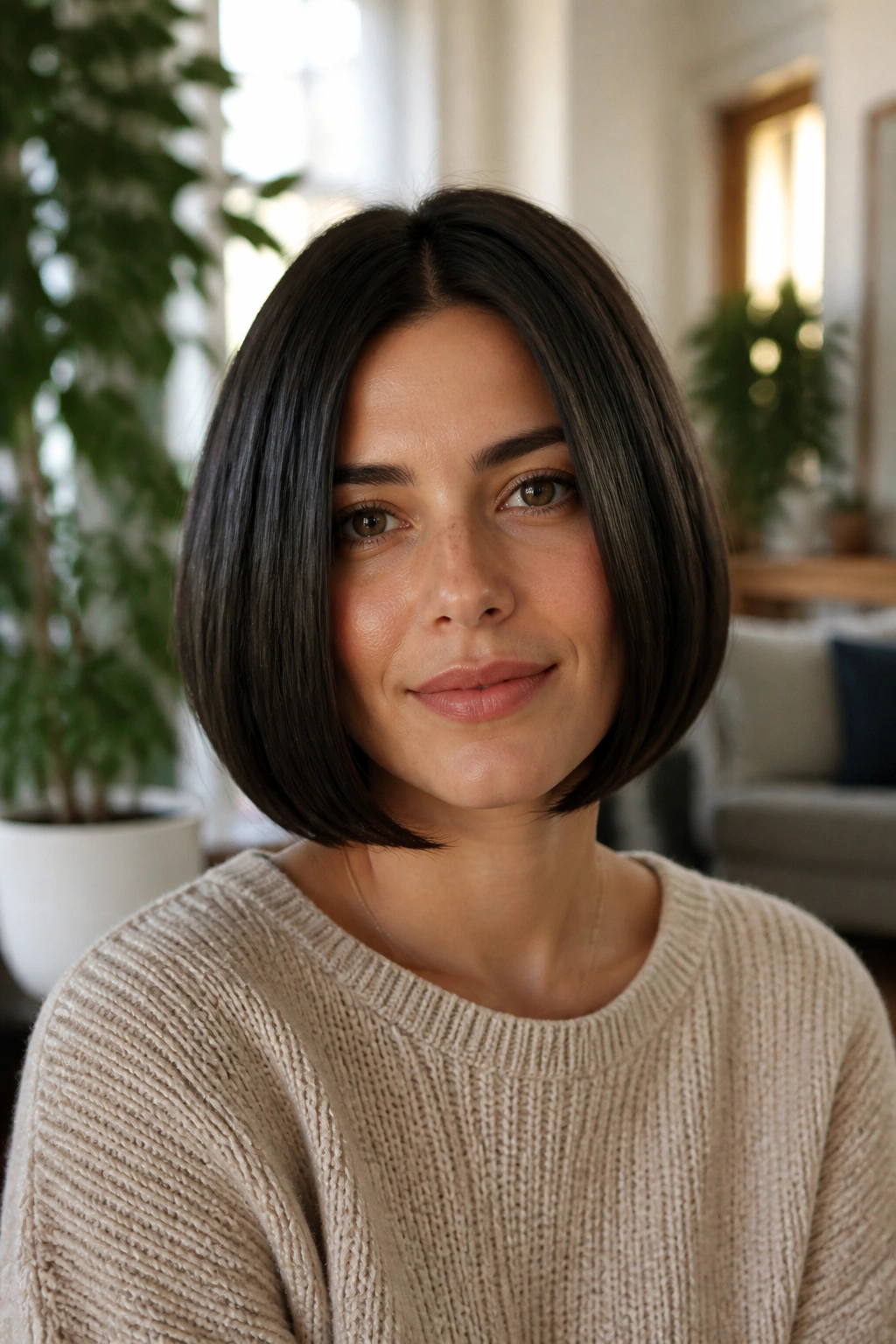 Close-up of a woman with a rounded bob and curved silhouette