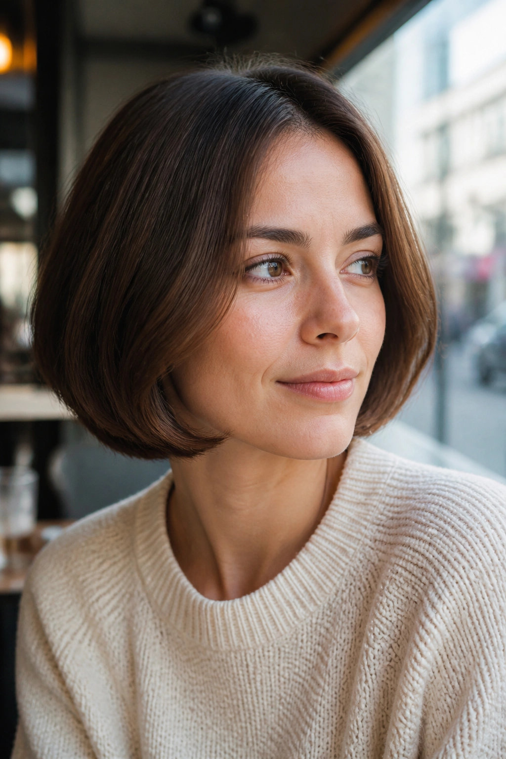 Portrait of a woman with rounded bob in natural daylight