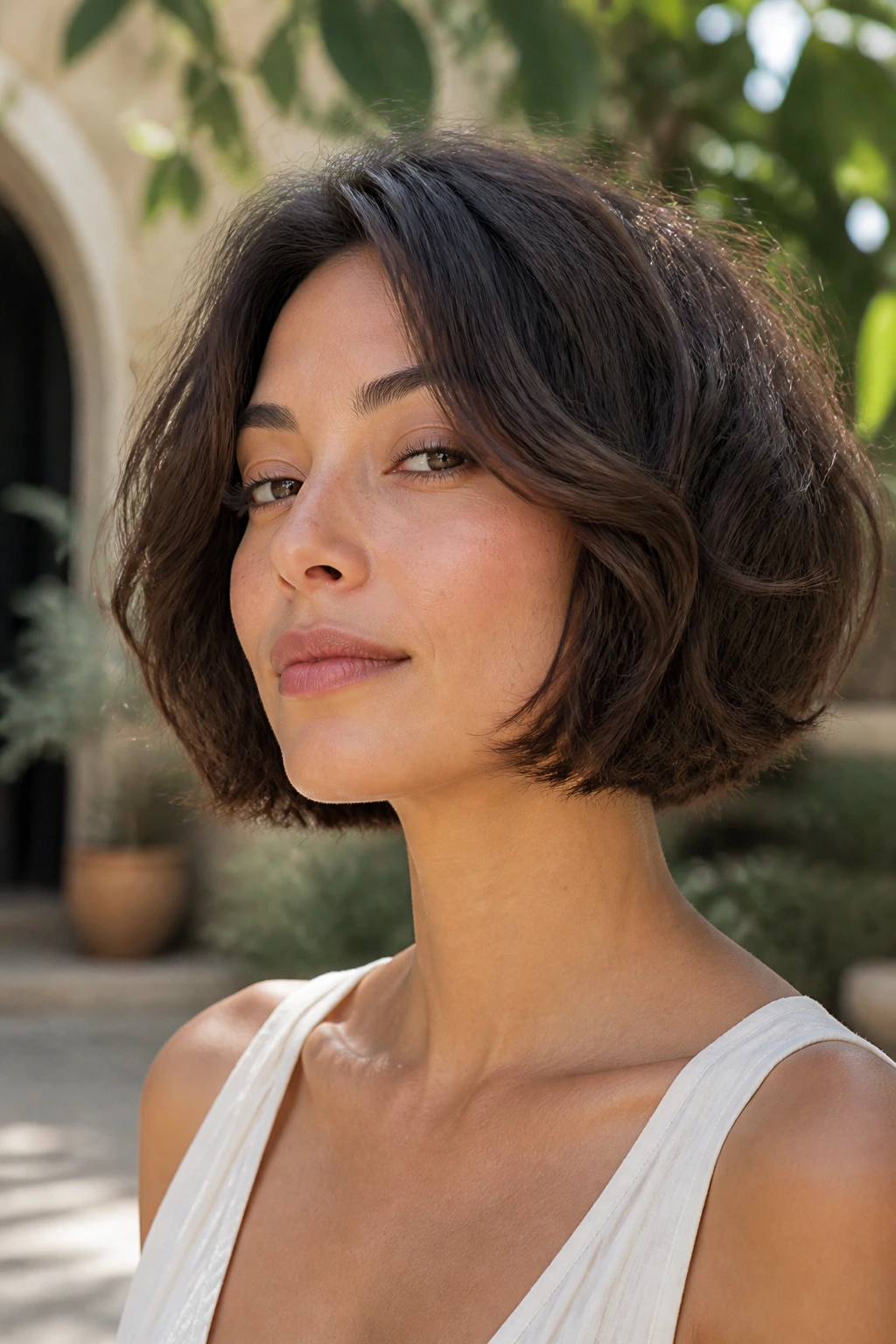 Close-up portrait of a real woman with a rounded bob