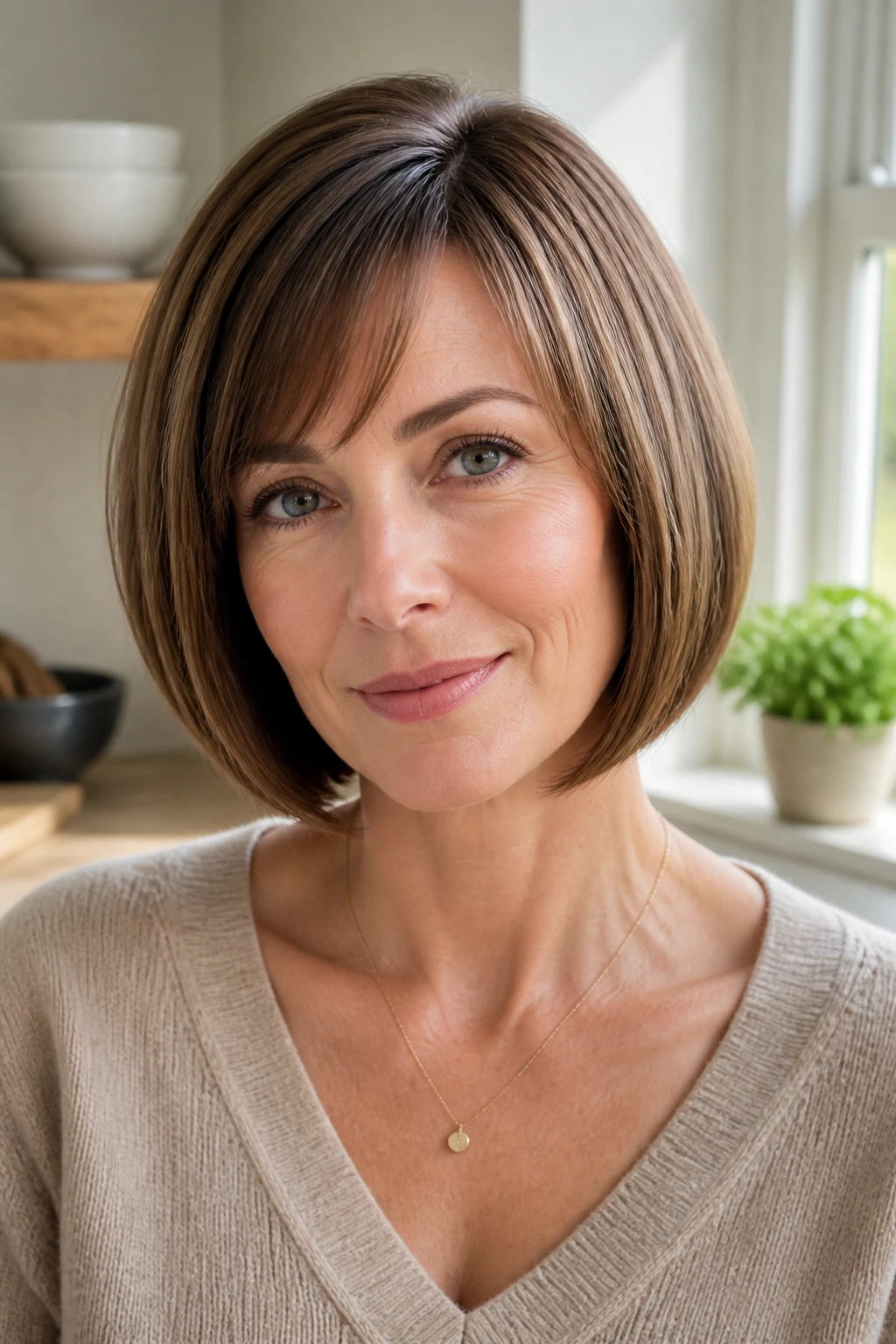 Close-up of a rounded bob following the jawline in bright natural light
