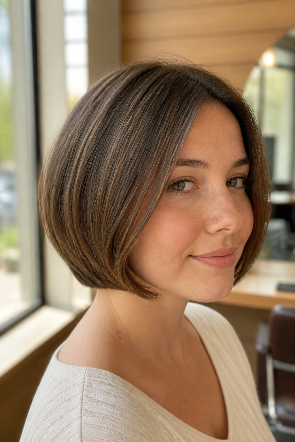 Close-up portrait of a real woman with a rounded bob hugging the jawline in warm light
