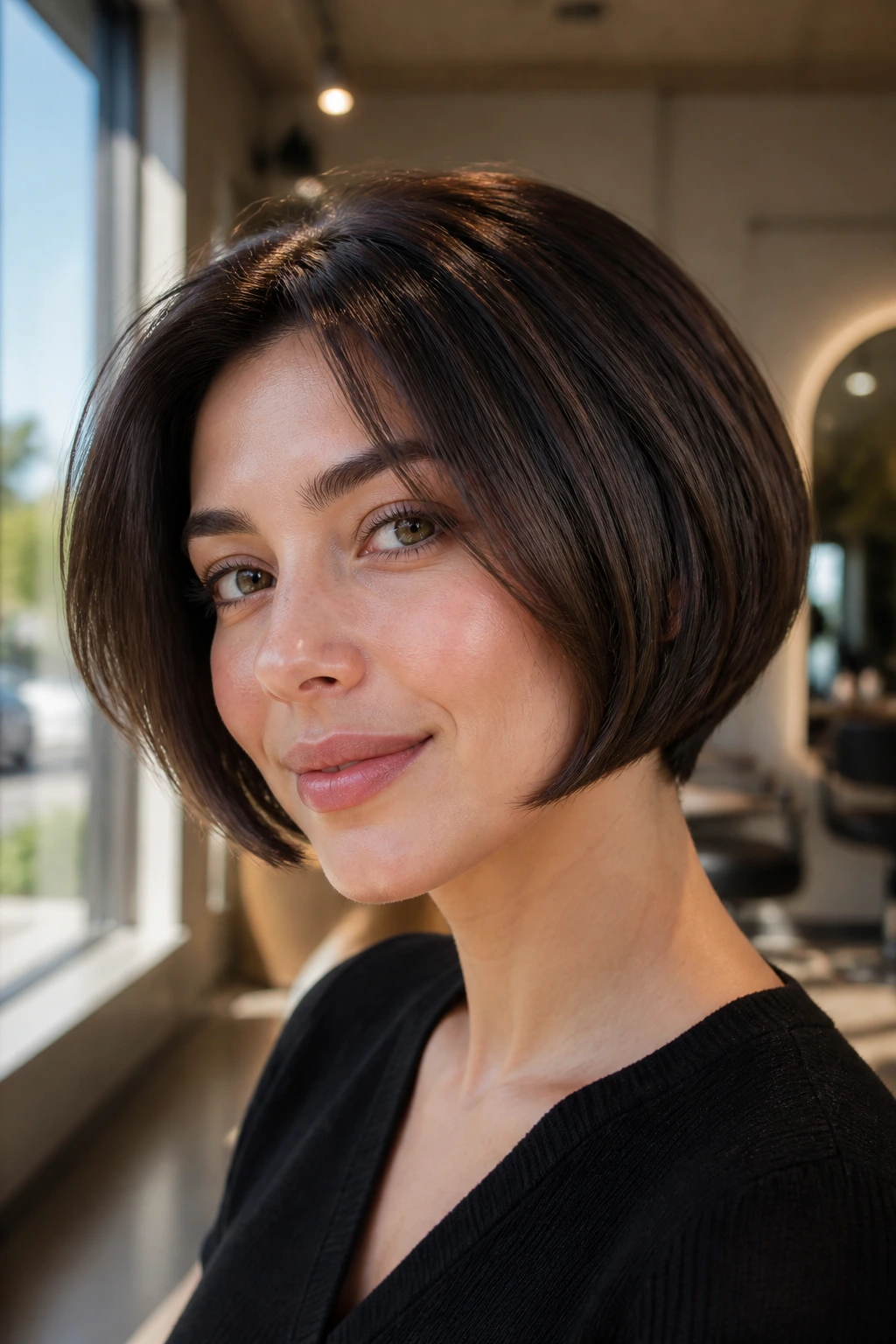 Close-up portrait of a woman with a rounded bob forming a soft dome.