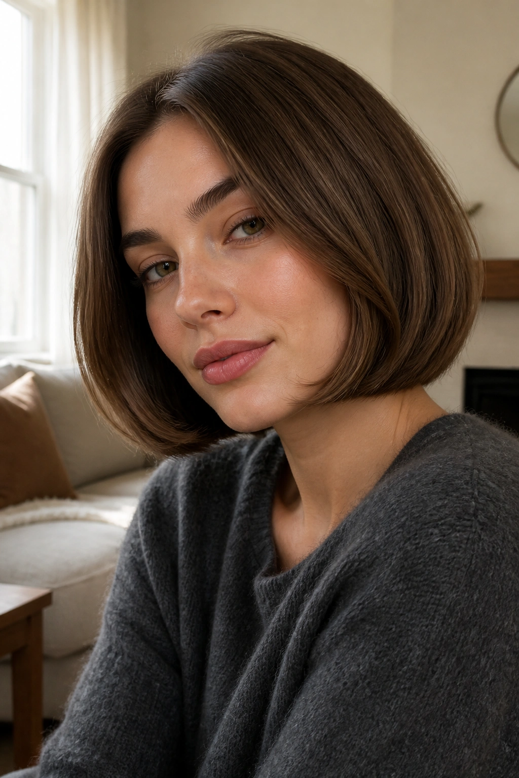 Close-up of a rounded bob hairstyle on a real person in soft daylight