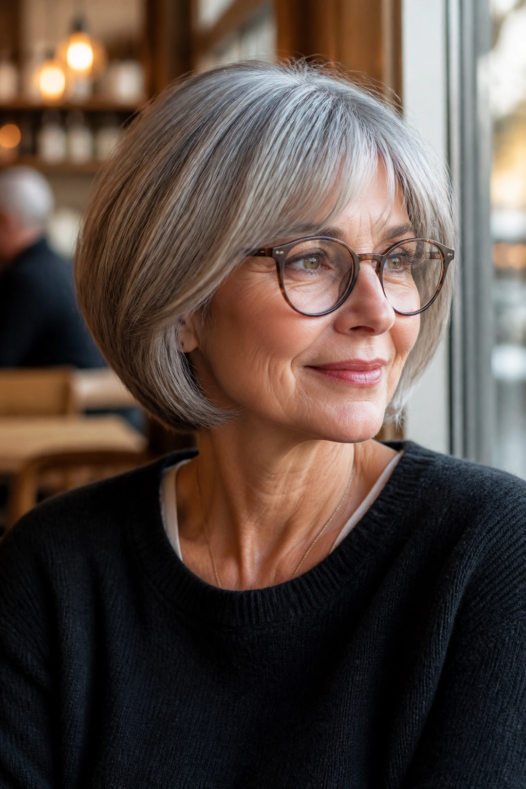Close-up portrait of a mature woman with rounded bob and quiet volume.