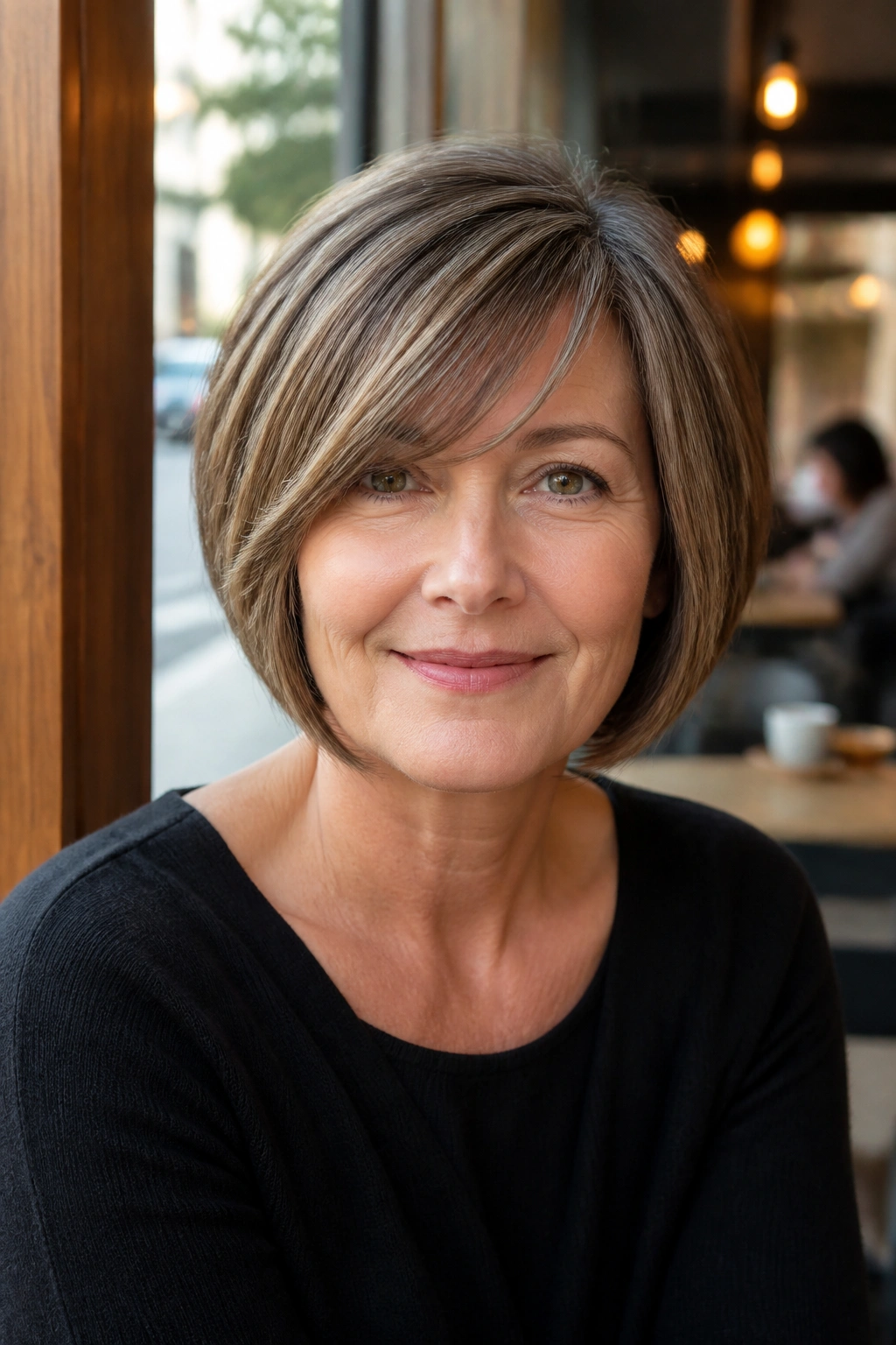 Close-up portrait of a real woman with rounded bob and side-swept bangs in cafe window light