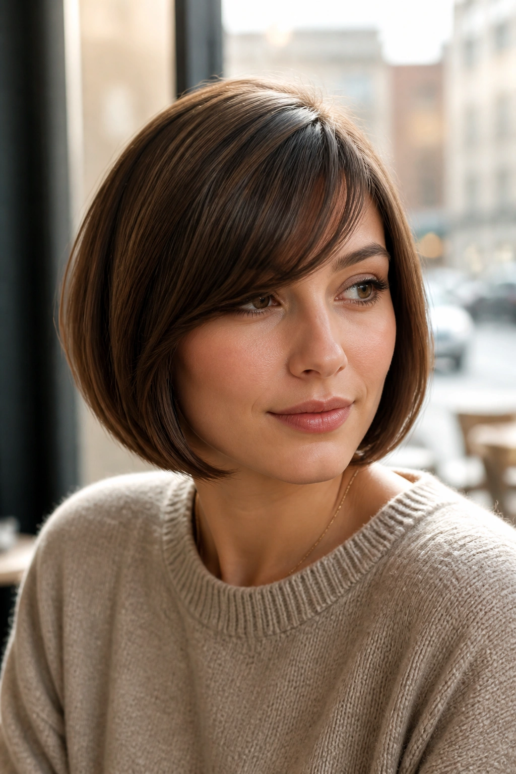 Close-up portrait of a real woman with a rounded bob and side bangs in natural window light
