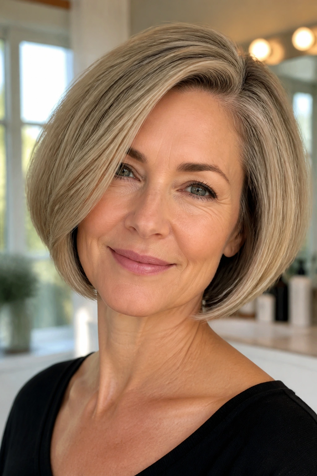 Close-up portrait of a real woman with a rounded bob and deep side part.