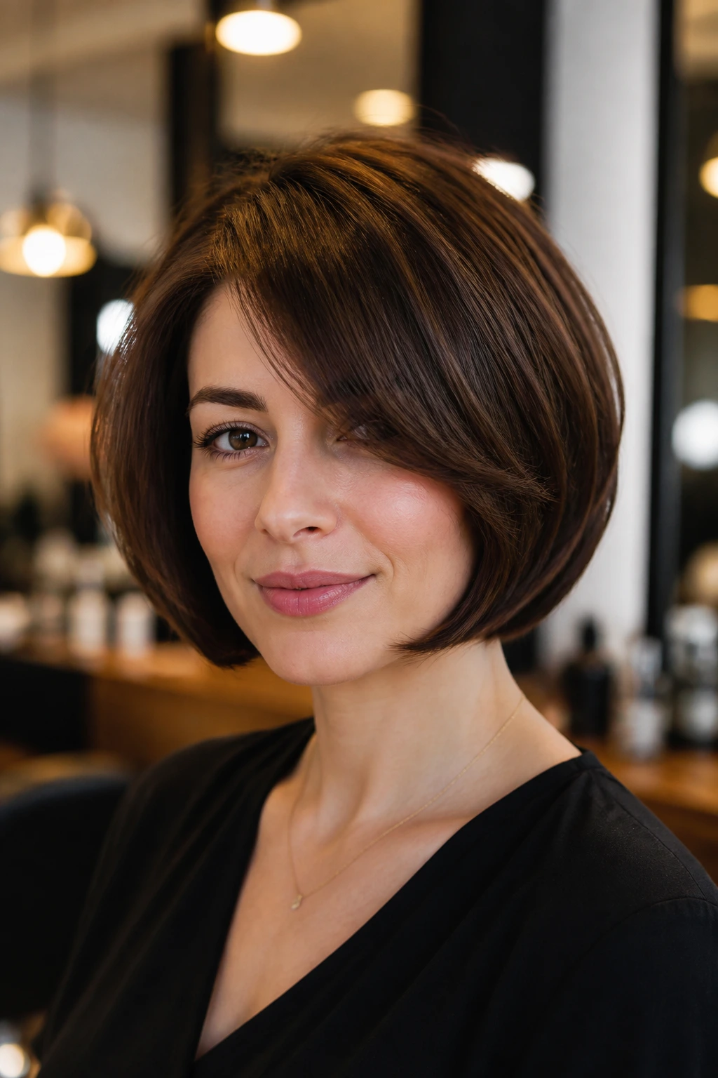 Portrait of woman with rounded bob and side-part bangs
