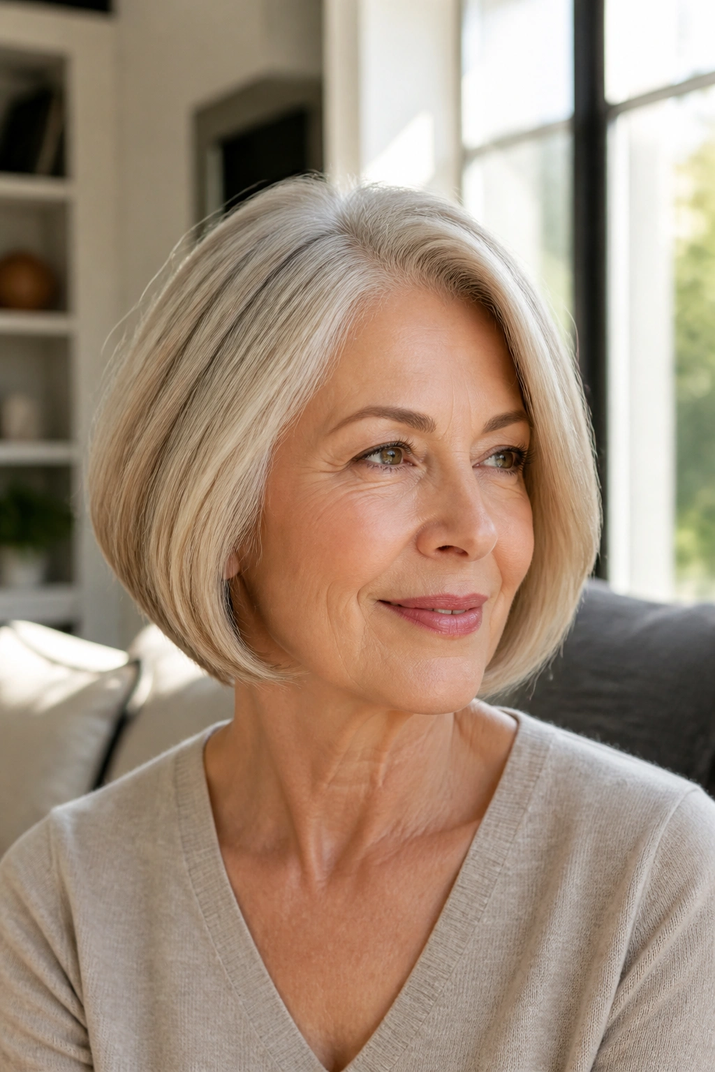 Close-up of a woman with a soft rounded bob and side part in warm window light.