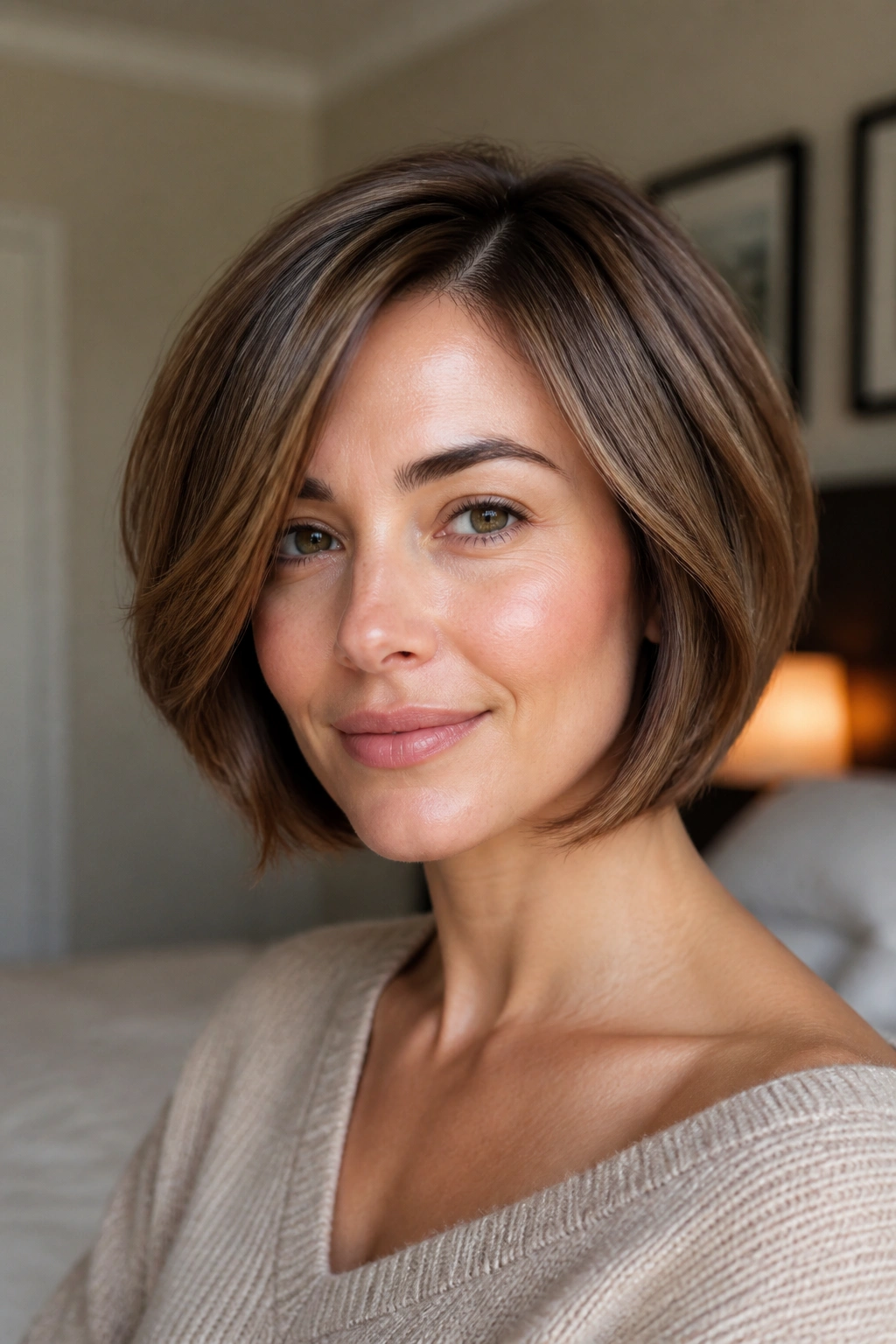 Close-up of a real woman with a rounded layered bob and side part in soft window light