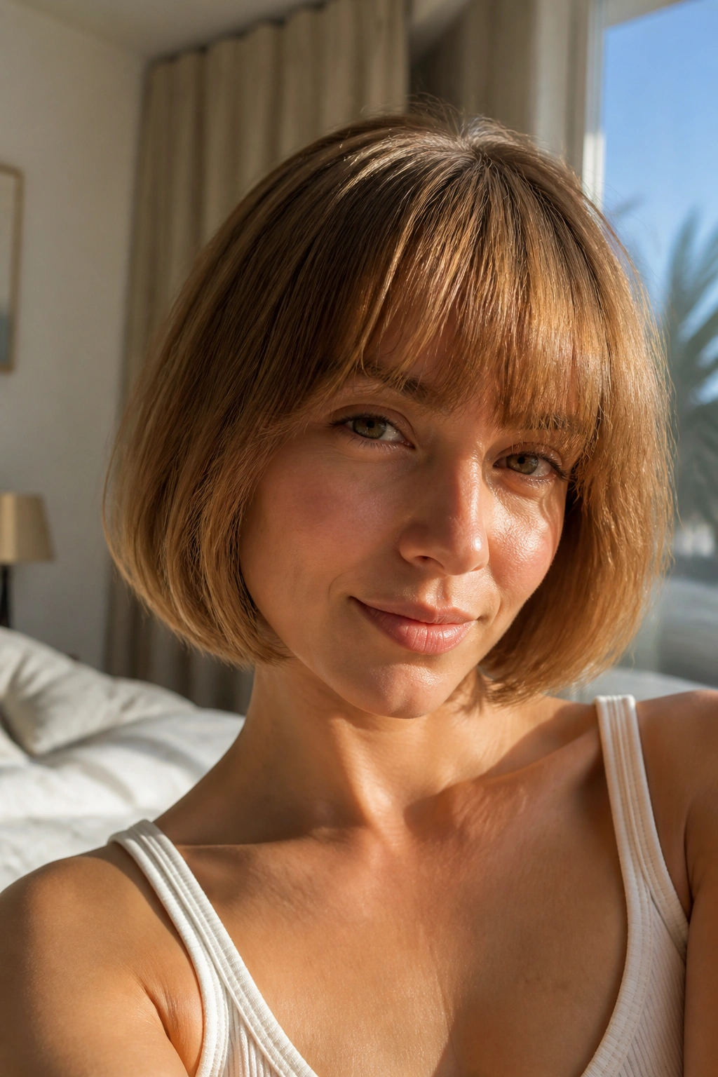Close-up of a real woman with rounded bob and soft full bangs in warm sunlit room