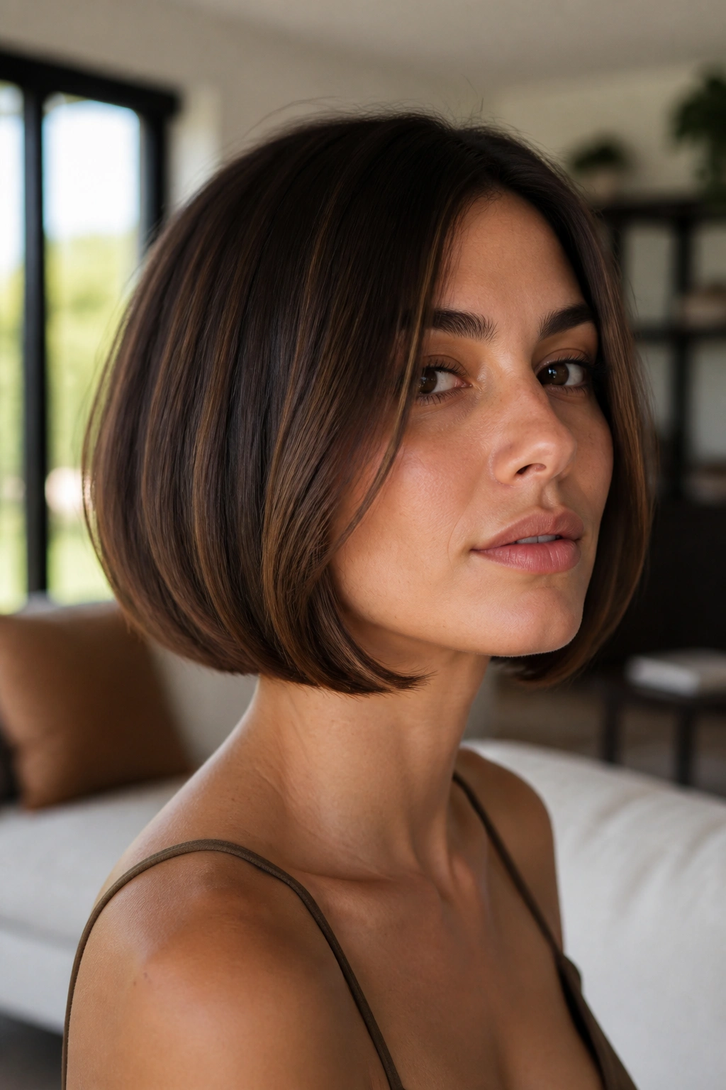 Close-up of a real woman's rounded bob with a soft curve around the jaw