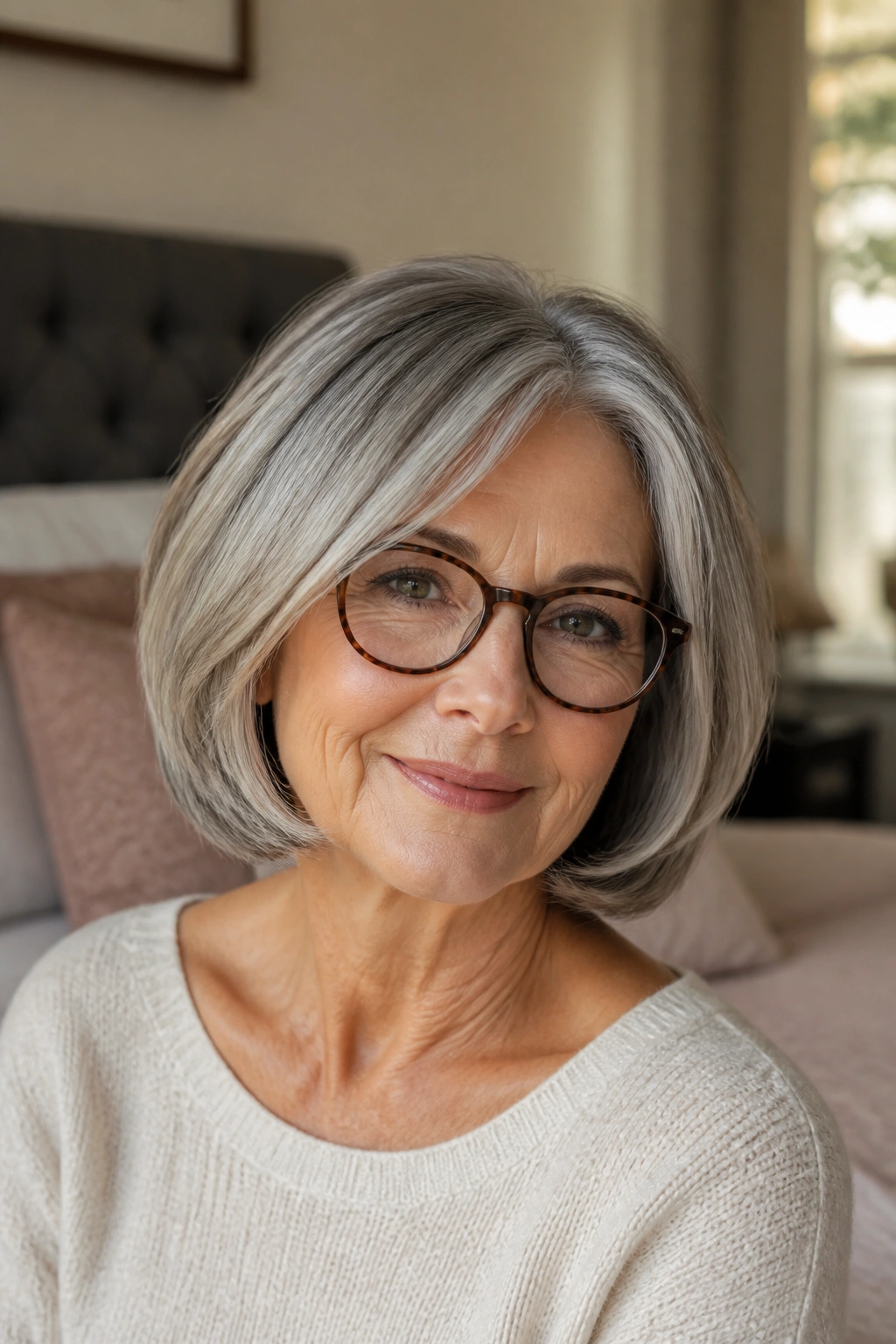 Close-up of a rounded bob with soft ends on a real woman in a cozy bedroom