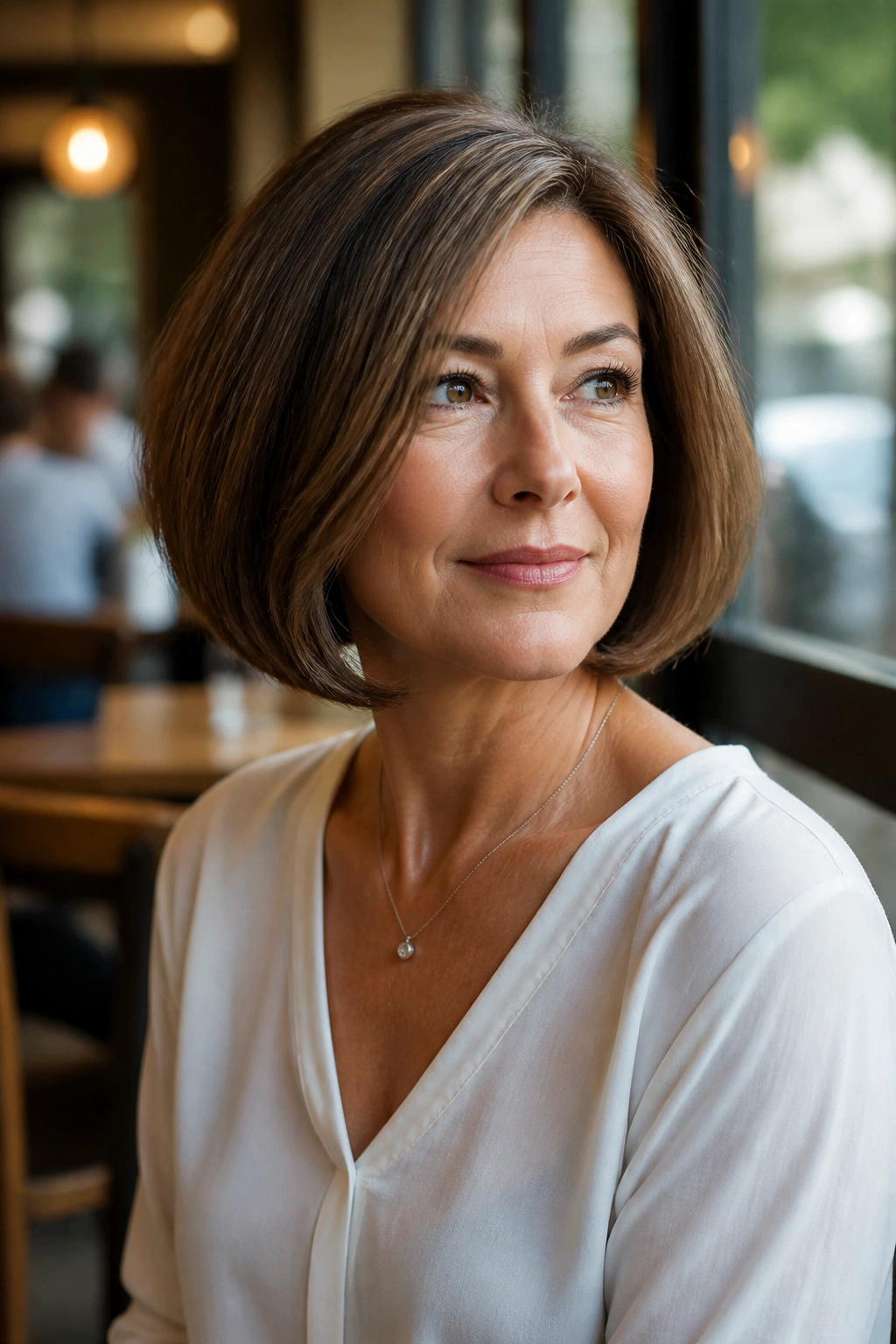 Medium close-up of a woman with a rounded bob softening facial features