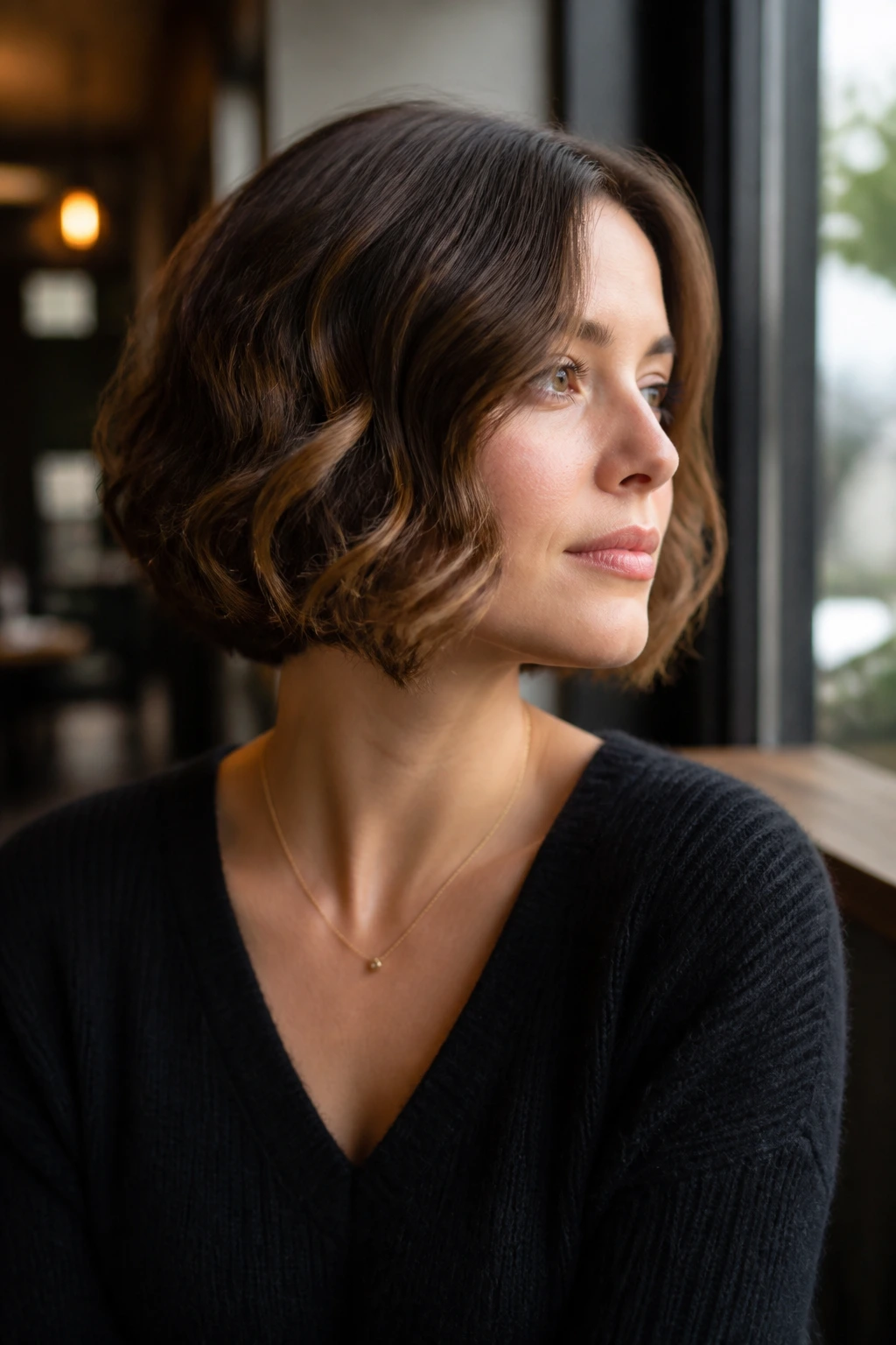 Close-up of a real person with a rounded bob silhouette in cafe light