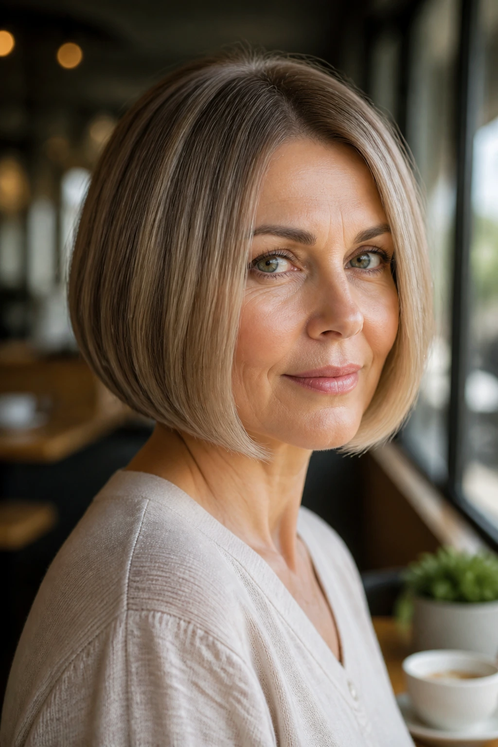 Portrait of a real woman with a rounded bob on straight hair.