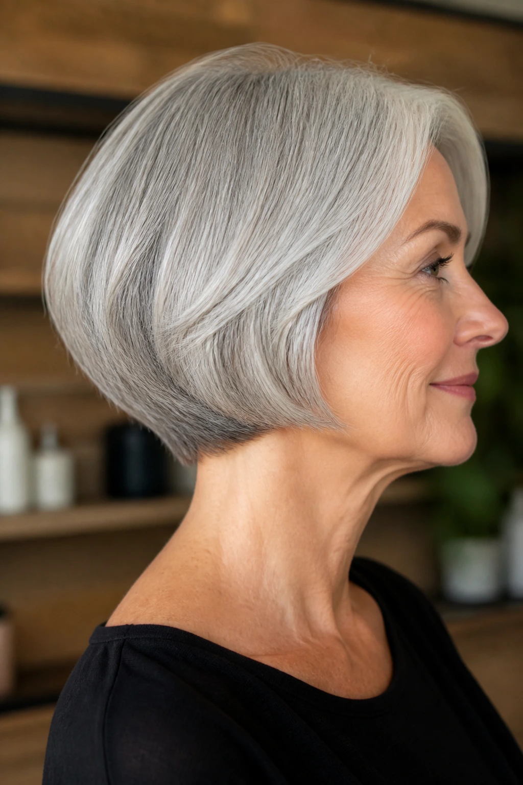 Close-up of a real woman with a rounded bob and tapered nape.