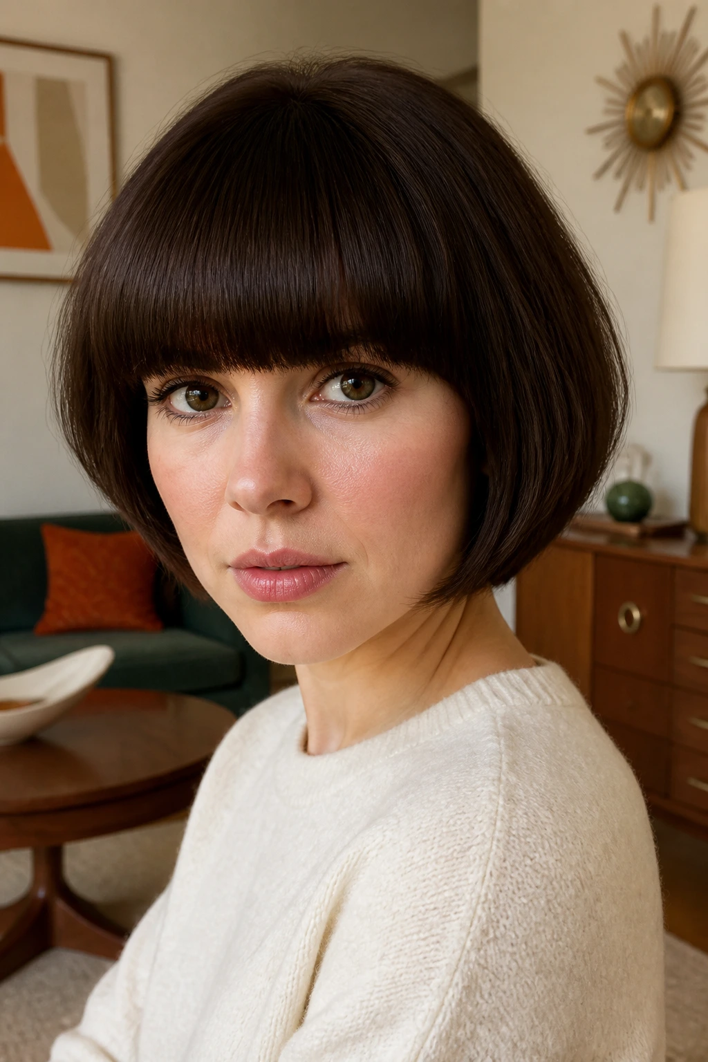 Close-up of a real woman with a rounded bob and thick bangs in a retro setting.