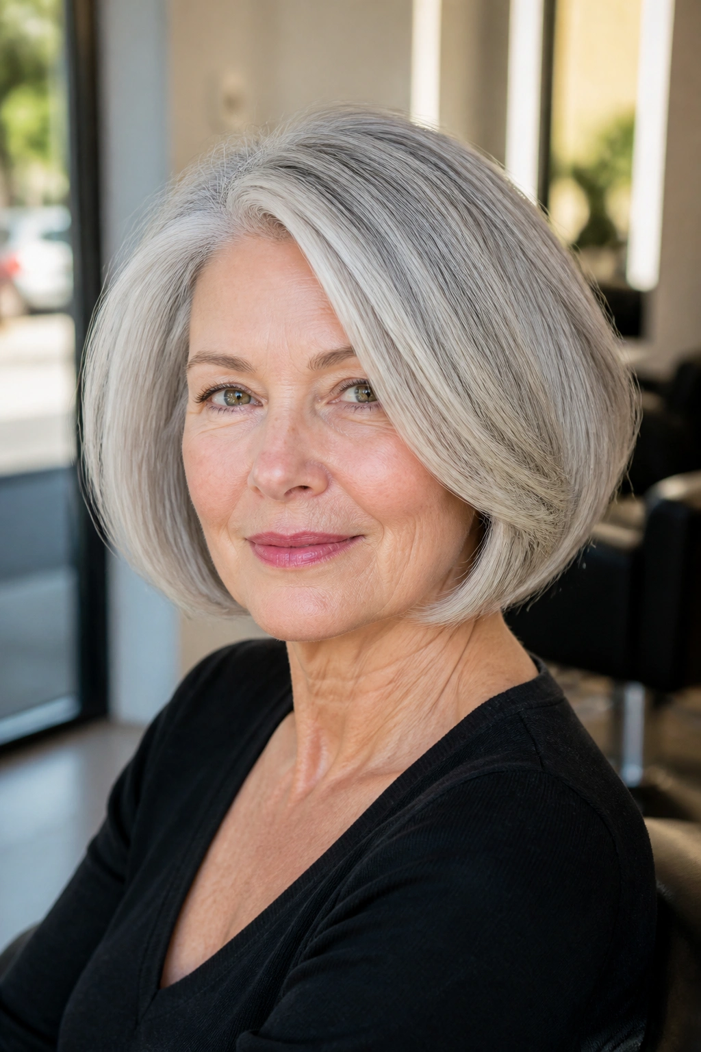 Close-up portrait of a real woman with a rounded bob for thick gray hair.