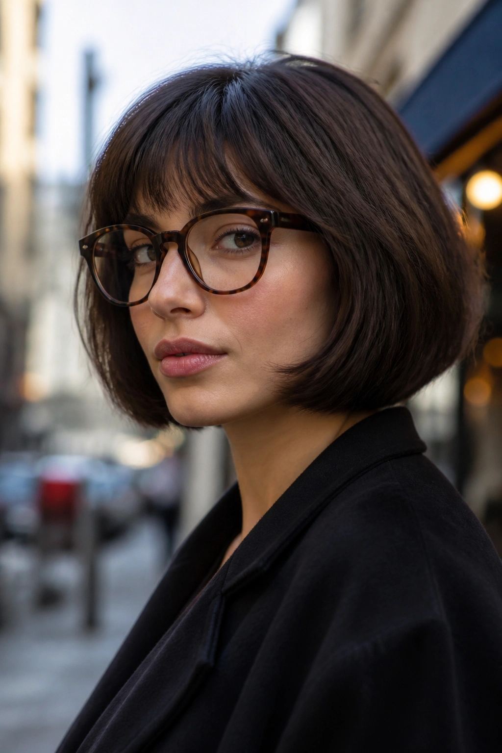 Portrait of a woman with a rounded bob and thick glasses on a calm street backdrop.