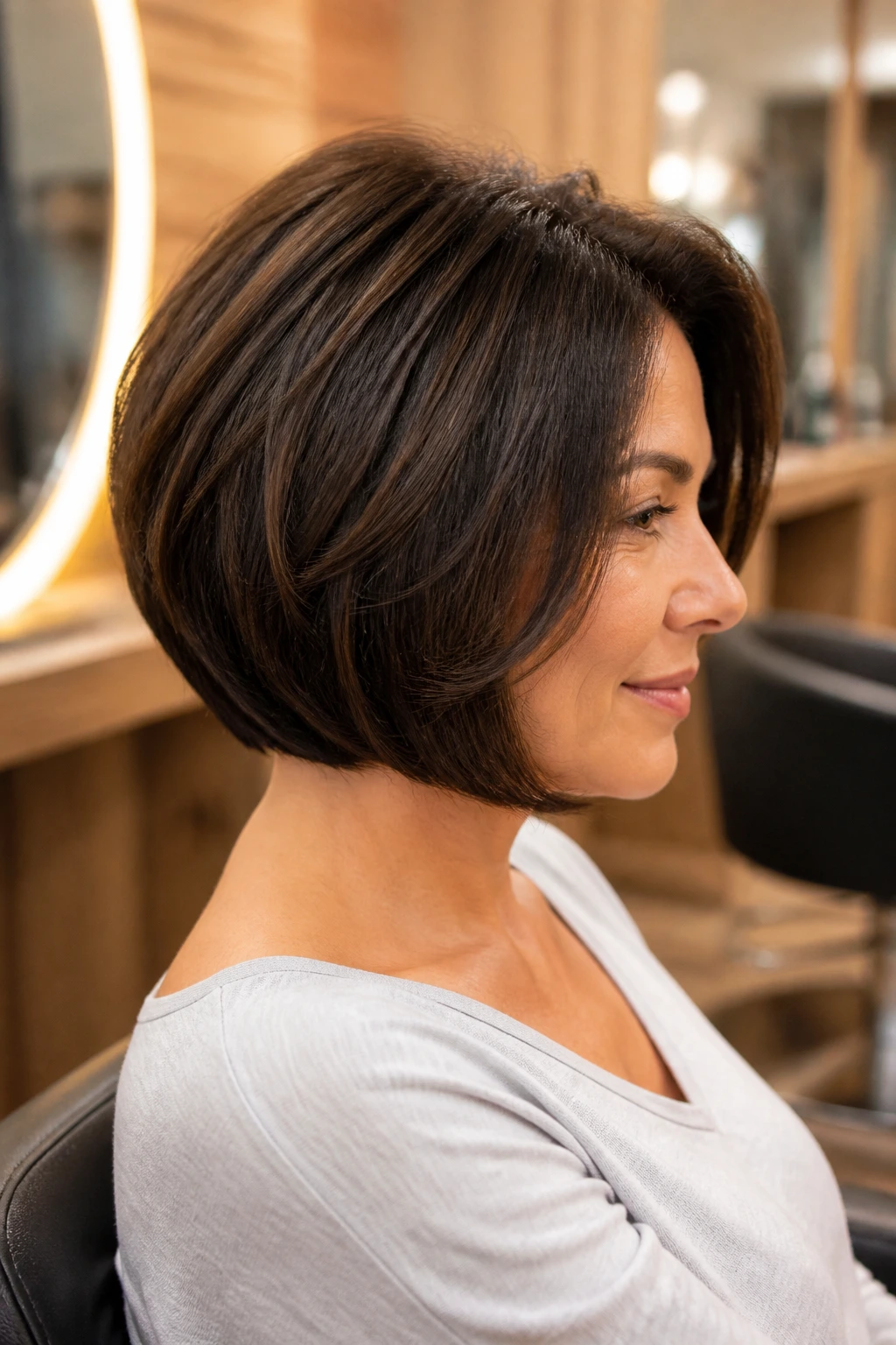 Medium close-up of a real woman with a rounded bob for thick hair