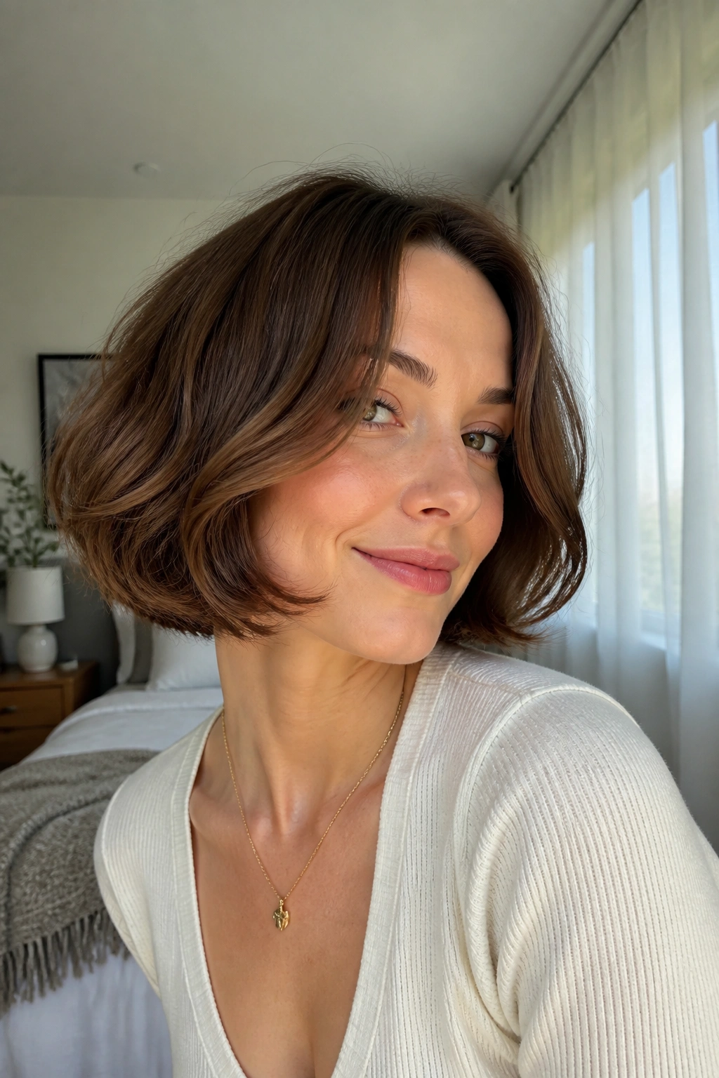 Portrait of a real woman with a rounded bob and tucked-in ends