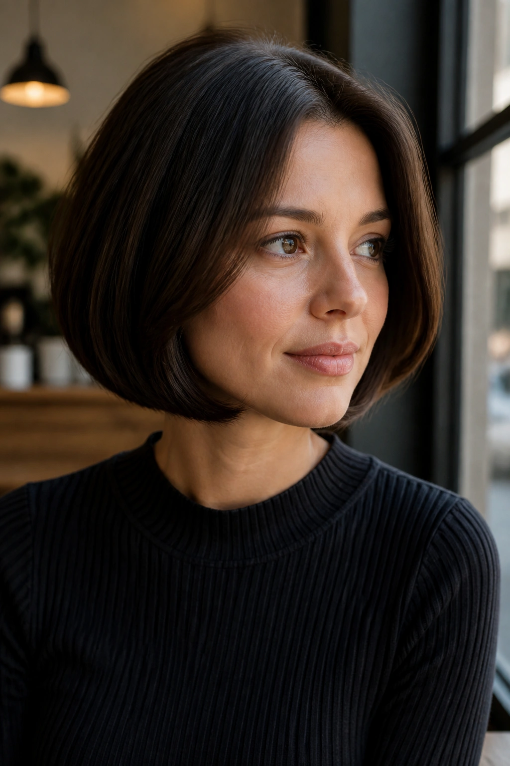 Portrait of a woman with rounded bob and tucked ends in a cafe setting