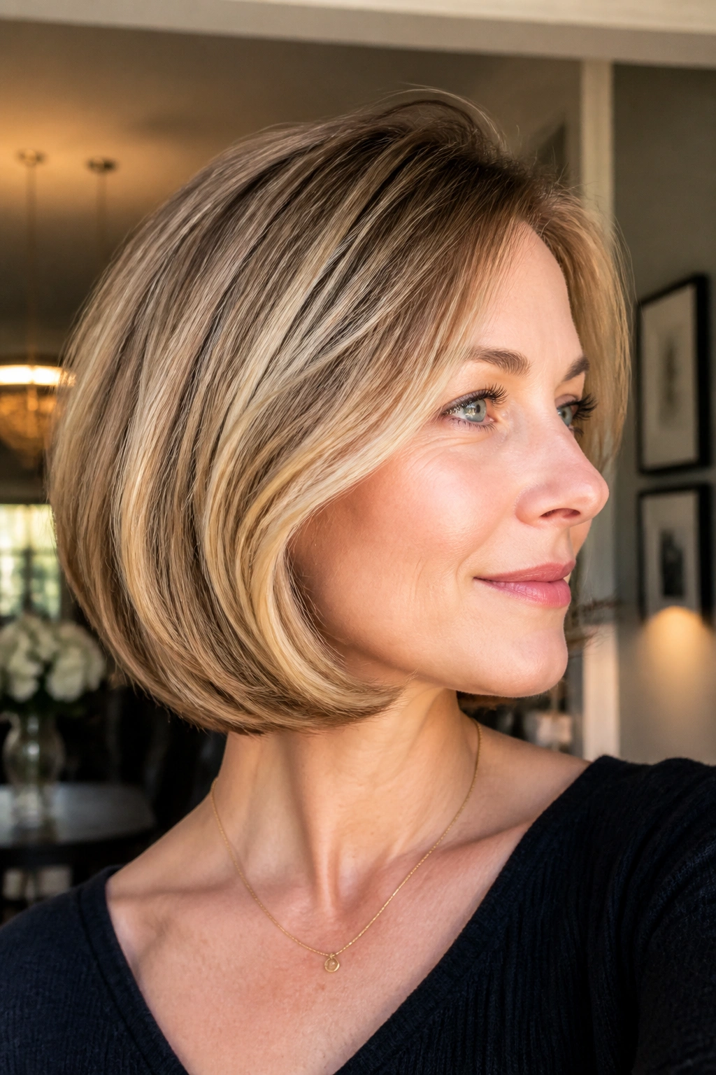 Close-up of a real woman with a rounded bob and tucked-under finish
