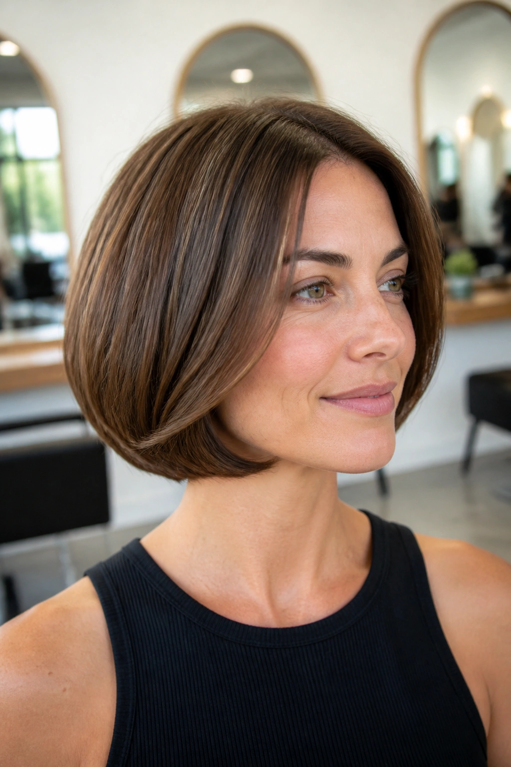 Portrait of a woman with a rounded bob tucked-under ends.