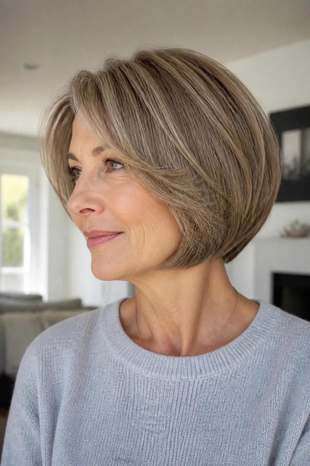 Close-up of a real woman with rounded bob and soft underbevel in natural light