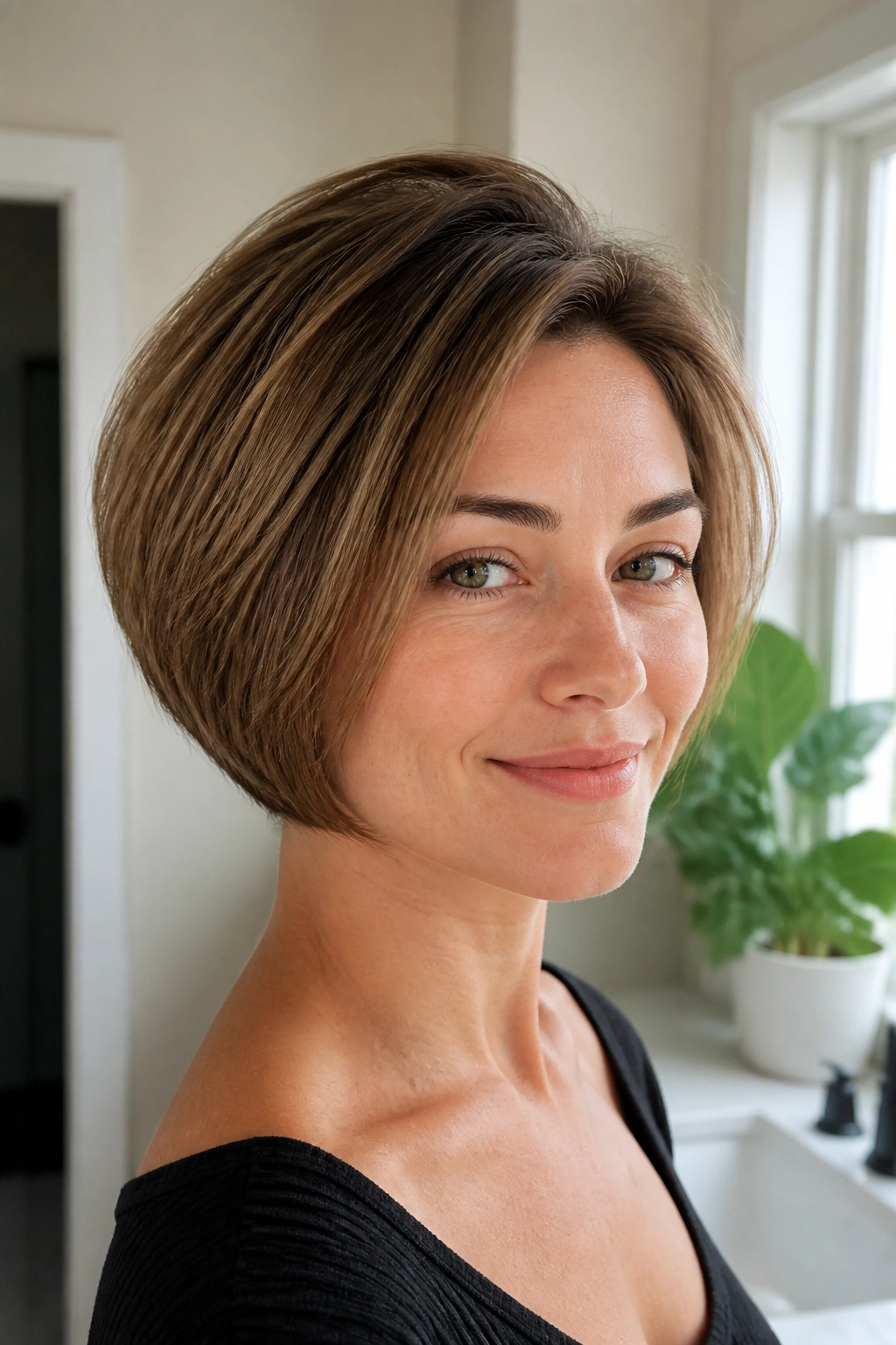 Close-up of a real woman with a voluminous rounded bob in a bright room