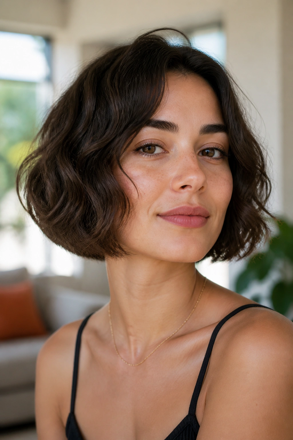 Close-up of a real woman with a rounded bob