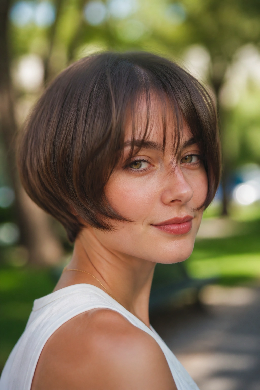 Close-up portrait of a real woman with rounded bowl-inspired bob hairstyle