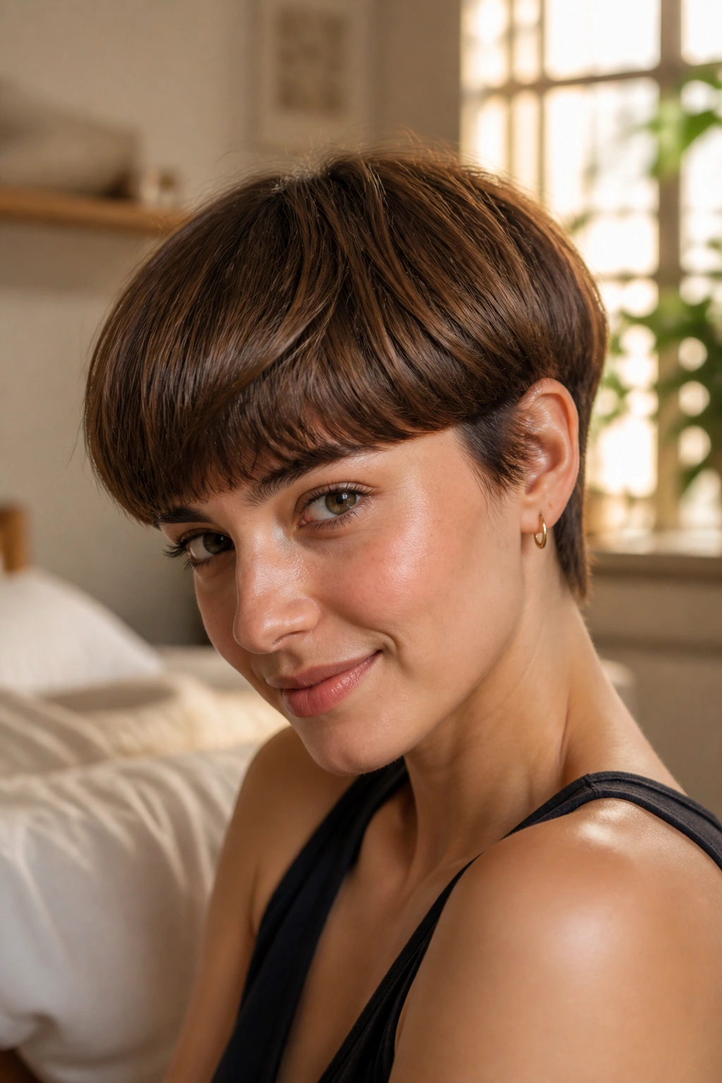 Close-up portrait of a woman with rounded bowl pixie, feathered temple edges and curved fringe in warm window light.