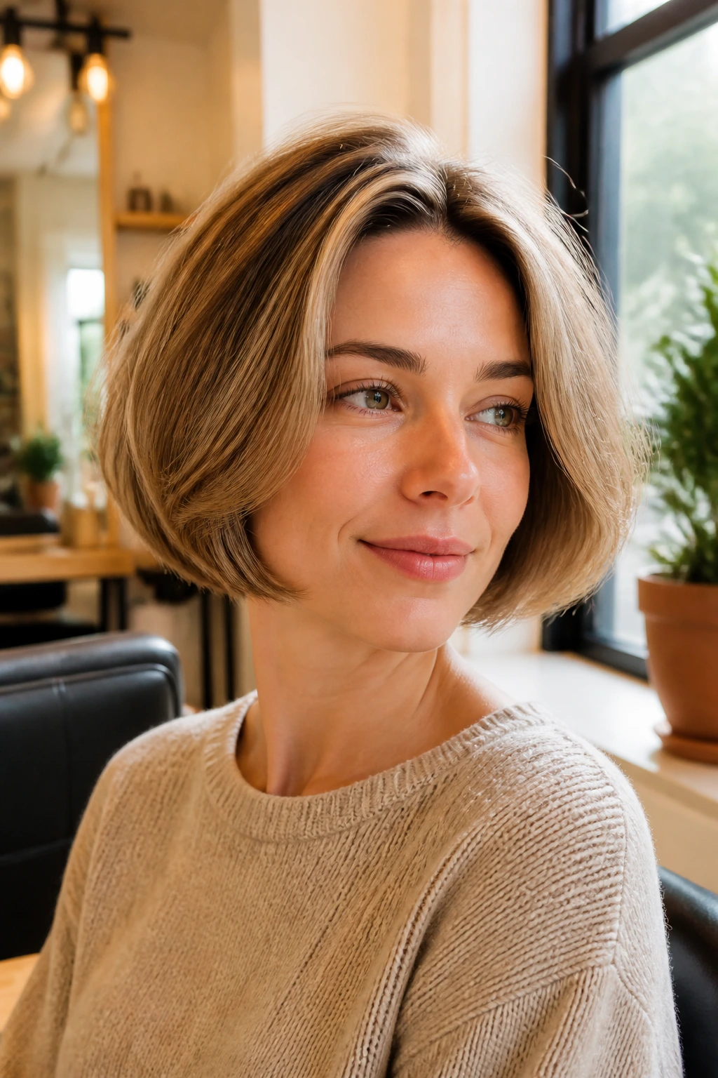 Close-up of a real woman wearing a rounded bubble bob around the ears