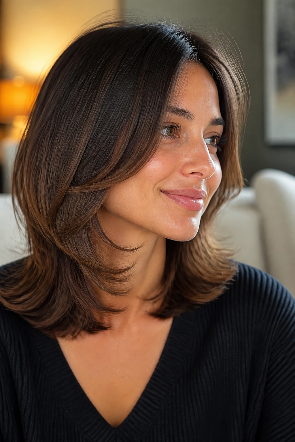 Close-up of a real woman with rounded C-cut layers curving inward at the jaw