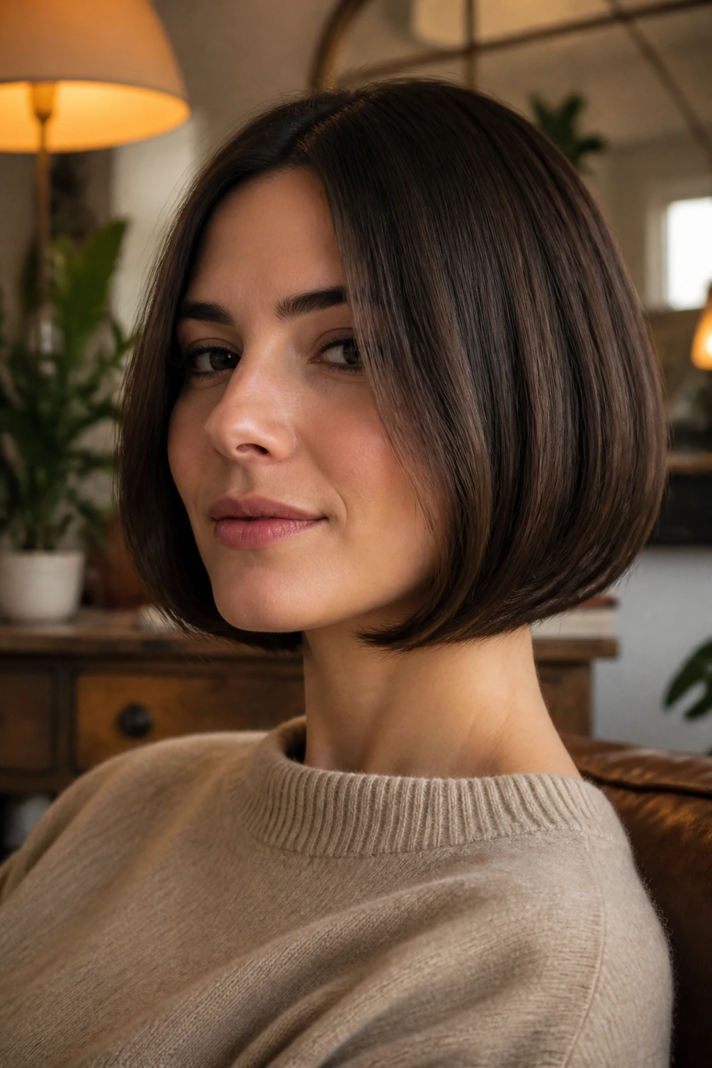 Close-up portrait of a real woman with a rounded chin-length bob curving under